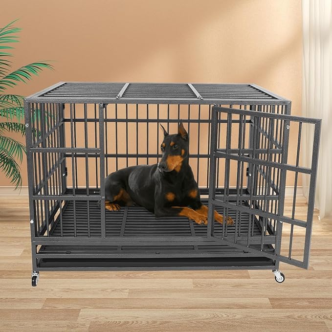 Confote 47 Inch Heavy Duty Dog Crate,High Anxiety Escape-Proof Steel Dog Crate Indestructible Dog Kennel for Medium to Large Dogs, with Lockable Wheels abd Removable Tray