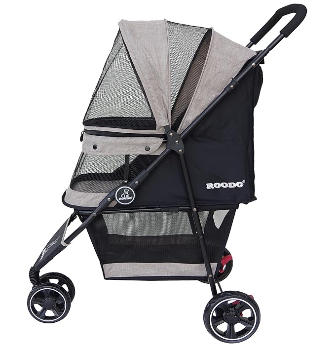 ROODO 3 Wheel Dog Pet Cat Stroller Best Lightweight Foldable Compact Portable Jogger All Terrain Travel Pet Gear Puppy Kitty Stroller for up to 30lbs Medium Small Dogs and Cats(Light Khaki)