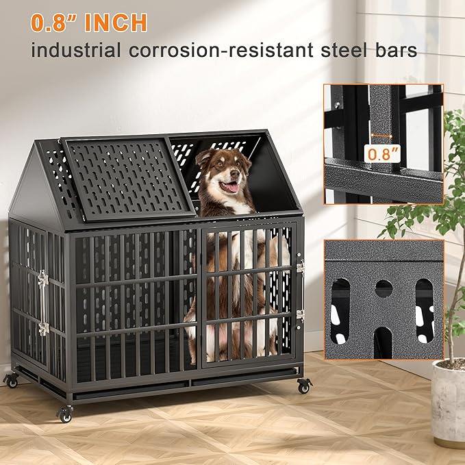 46 Inch Heavy Duty Dog Crate with Self-Locking Latch for High Anxiety Dogs, Indestructible Large Kennel Indoor with Pointed Roof, Removable Trays and Lockable Wheels, Chew Proof Cage