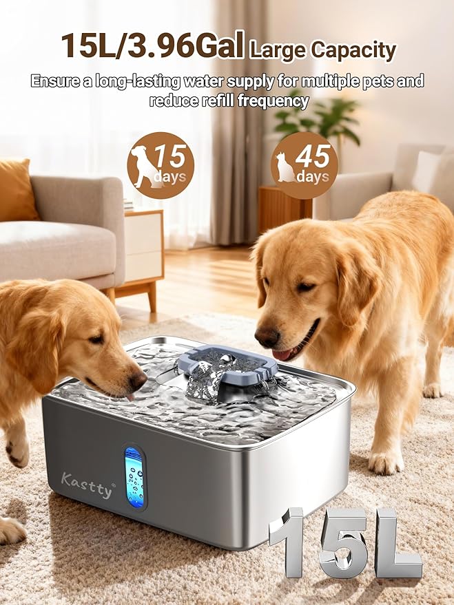 Kastty 15L/3.96 Gal Stainless Steel Dog Water Fountain, Large Capacity Dog Water Bowl Dispenser Quiet LED Light Triple Filtration BPA-Free, Automatic Pet Water Fountain Easy Cleaning Grey FS78