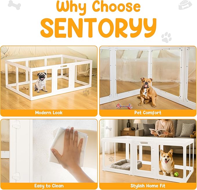 Transparent Indoor Dog Playpen with Safety Lock, Indoor Dog Fence for Small & Medium Pets | Secure, Stylish, Easy Clean Play Pen for Dogs & Pets with Scratch Resistant Panels (White, 10 Panel)