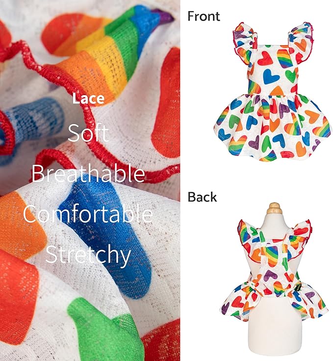 Fitwarm Colorful Heart Dog Dress, Summer Clothes for Small Dogs Girl, Cute Pet Rainbow Outfit, Red, Yellow, Blue, Green, White, Large
