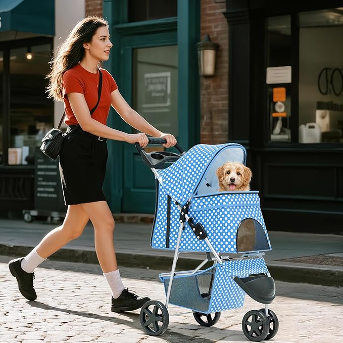Cat Dog Stroller,3-Wheels Pet Stroller for Medium/Puppy Dogs 30 Lbs, Cat Strollers for 1 Cats, Foldable Dog Stroller with Storage Basket and Cup Holder, Breathable Mesh Blue Polka Dots