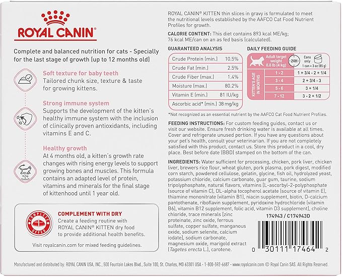 Royal Canin Feline Health Nutrition Kitten Thin Slices in Gravy Cat Food, 3 oz (Pack of 6)