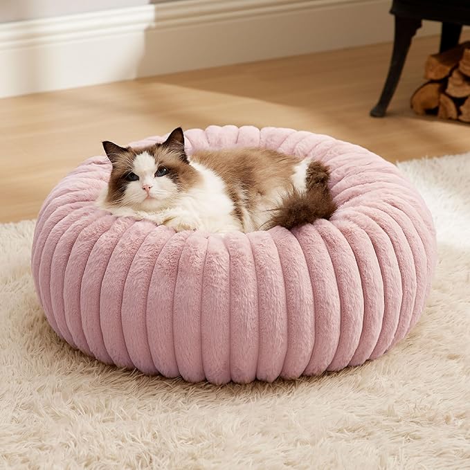 Bedsure Cat beds for Indoor Cats - Donut Dog Beds for Small Dogs with Corduroy Fleece & Anti Slip Bottom, Faux Fur Pet Beds with Washable Removable Cover, Blush Pink, 20x20x6 inches