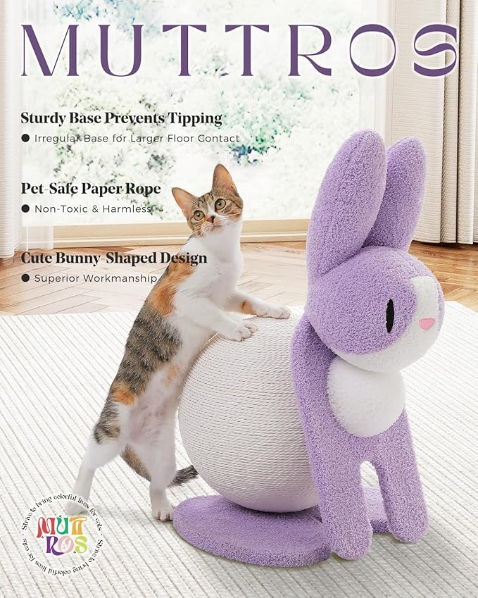 Cute Cat Scratching Post- Bunny Style, Cat Scratcher Toy with Paper Rope, Extra Large Cat Scratch Ball (Ø11.8) for Indoor Kitten, Rabbit Scratch Ball for Kitty to Climb & Play, Purple