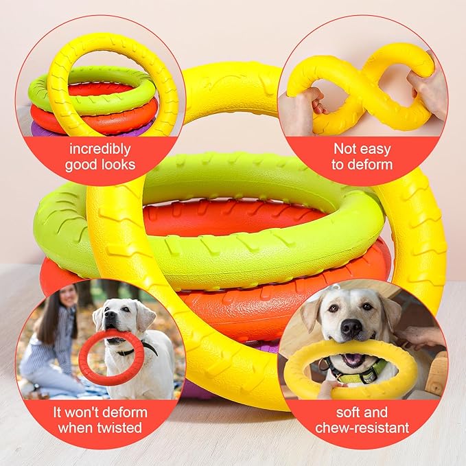4Pcs Dog Toy Dog Training Ring for Outdoor Aggressive Durable Pet Chewers Fetch Toys Durable Floating Flying Disc Dogs Ring Chew Toys for Pool Swimming,Throwing