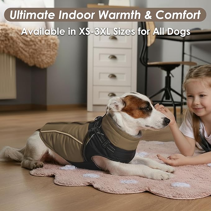 ASENKU Reflective Dog Coat with Built-in Harness, Windproof Fleece-Lined Dog Jacket for Small, Medium, Large Dogs, Warm Winter Vest with Turtleneck & Zipper (Khaki XL)