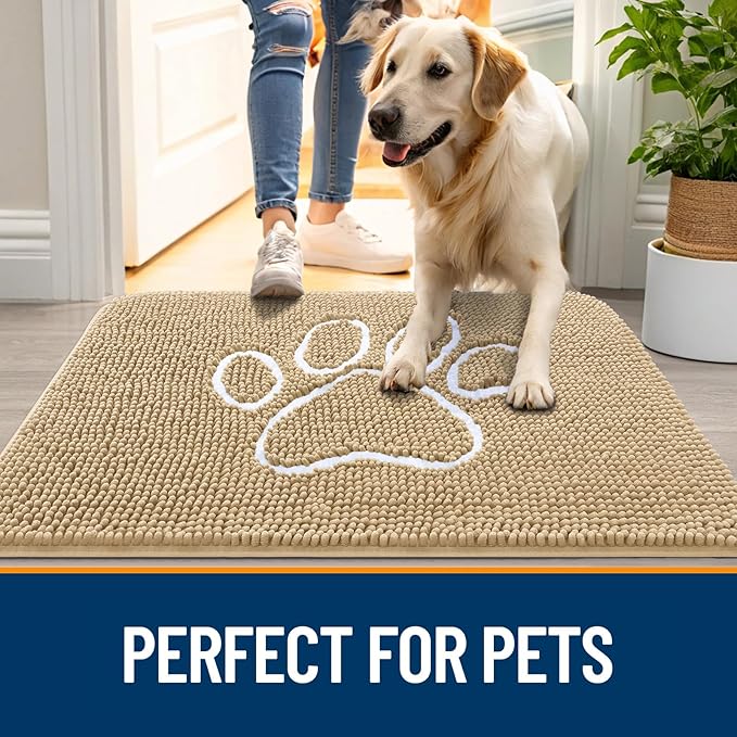 OLANLY Dog Door Mat for Muddy Paws 70x46, Paw Print Design, Absorbs Moisture and Dirt, Absorbent Non-Slip Washable Doormat, Quick Dry Chenille Mud Mat for Dogs, Entry Indoor Entryway Carpet, Beige