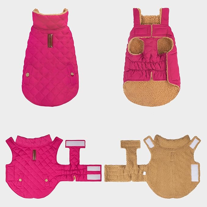 azuza Dog Jacket Waterproof & Windproof Dog Coat for Small Dogs with Thick Fleece, High Collar with Leash Hole, Adjustable Velcro & Elastic Belly, Rose Red L