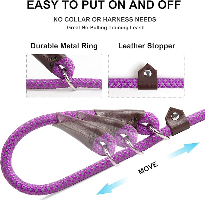 Fida Durable Slip Lead - 6 FT x 3/8" Heavy Duty Dog Loop Leash for Small Dogs and Puppies, No Pull Pet Training Leash with Highly Reflective Stitching (Purple)