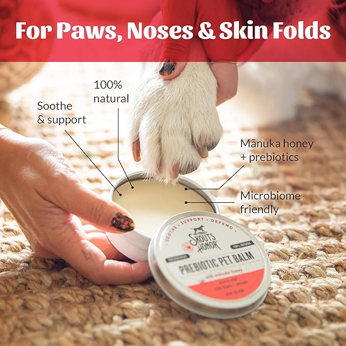 SKOUT'S HONOR Prebiotic Pet Balm - 100% Natural and Made w/Manuka Honey to Promote Healing of Your pet's paw Pads and Nose, Soothes Dry, Itchy Paws and Noses - Safe for Cats and Dogs, 2oz, 2-Pack