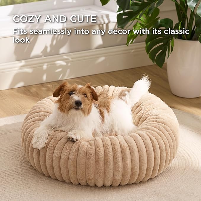 Bedsure Donut Small Dog Bed - Dog Beds for Small Dogs with Corduroy Fleece & Anti Slip Bottom, Round Faux Fur Pet Beds with Washable Removable Cover, Sandy Beige, 27x27x8 inches