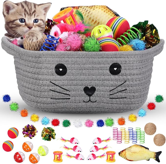Zopeal 58 Pcs Cat Storage Basket Gift Toys Set, Colorful Flashing Balls Pet Bell Crinkle Balls Spring Toys Attract Cat to Swat, Bite, Hunt, Interactive for Pet(Grey,9.8 Inch)
