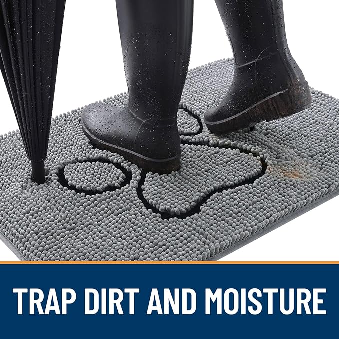 OLANLY Dog Door Mat for Muddy Paws 47x24, Paw Print Design, Absorbs Moisture and Dirt, Absorbent Non-Slip Washable Doormat, Quick Dry Chenille Mud Mat for Dogs, Entry Indoor Entryway Carpet, Grey