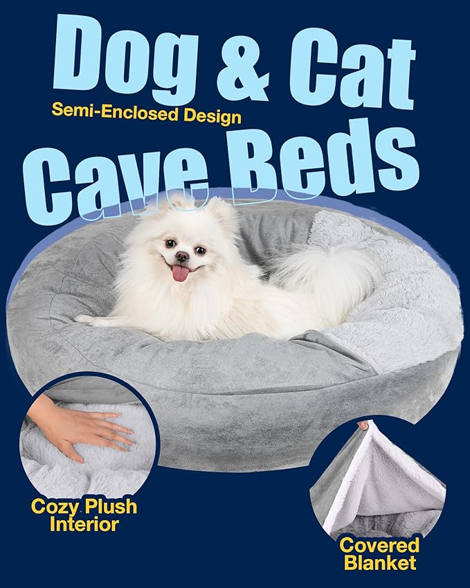 Pet Soft Small Dog Bed Cat Bed with Cover Cave - Round Calming Dog Beds Washable Cuddler Puppy Beds for Small, Medium Dogs and Cats (Grey, 30")