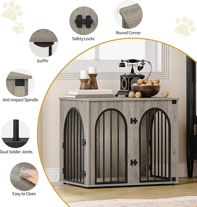 26.8'' Wooden Dog Crate Furniture, Indoor Dog Kennel Dogs Cage for Small Dogs, Heavy Duty Dog Crates Decorative Pet House End Side Table TV Stand, Greige DFC85505B