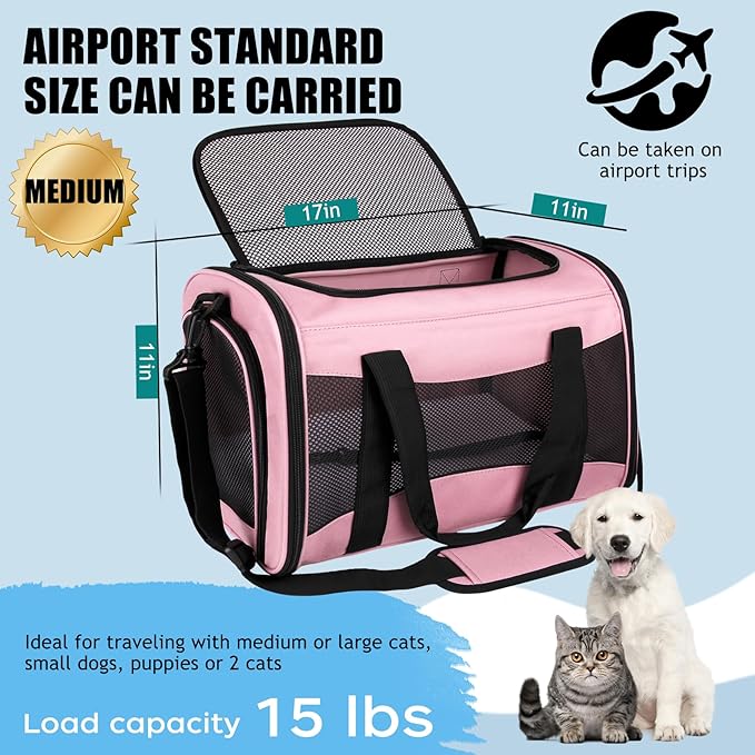 Cat Carriers Soft-Sided,Pet Carrier for Small Cats Dogs Puppies up to 1-15 LBS,TSA Airline Approved, (Medium,Pink)