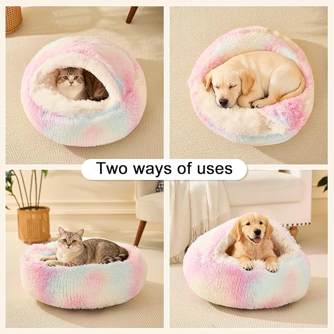 Calming Dog Beds & Cat Cave Bed with Hooded Cover,Removable Washable Round Beds for Small Medium Pets,Anti-Slip Faux Fur Fluffy Coved Bed for Improved Sleep,Fits up to 15/25 lbs(Colorful,M)