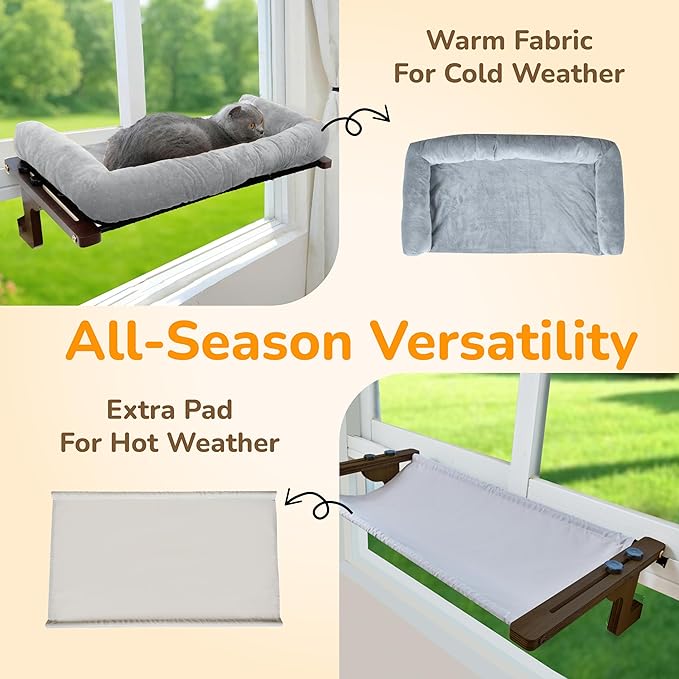 45LBS Capacity Cat Window Perch with Bolster, Hammock Seat with Plywood & Metal Frame, Cat Window Bed for Indoor Cats & Kitten, Extra Cood Pad (Walnut Wood & Gray Cushion, 24.8''W x 9.4''H)