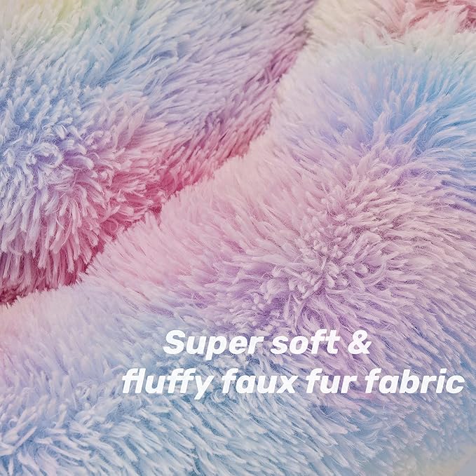Anti Anxiety Round Fluffy Plush Faux Fur Warm Washable Dog Bed & Cat Bed, Original Bed for Small Medium Large Pets,Used to Relieve Joints and Improve Sleep（20"/24"/27''） (24", Rainbow)