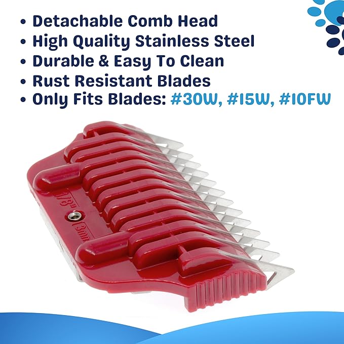 3MM 1/8" Cut Wide Clipper Guard Attachment for A5 Type Wide Blade | Stainless Steel Blade for Professional Groomers and Stylist | Snap-On/Off Design