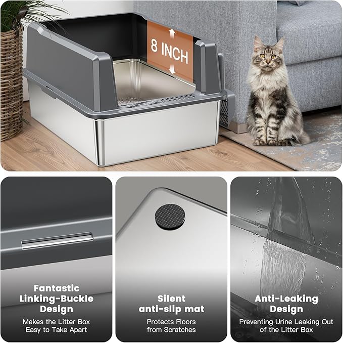 XXL Stainless Steel Cat Litter Box with High Sided, 27.6" L x 20" W x 14" H Extra Large Litter Box for Big Cats and Multiple Cats, Enclosure Cat Litter Pan with Anti-Urine Leakage, Easy Clean