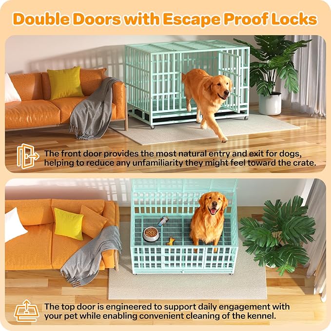 Heavy Duty Indestructible Dog Crate 48 Inch with Removable Tray, Sizes & Colors Optional, Escape Proof Double Door High Anxiety Cage Indoor, Kennel with Wheels for Large Dogs, XL XXL XXL