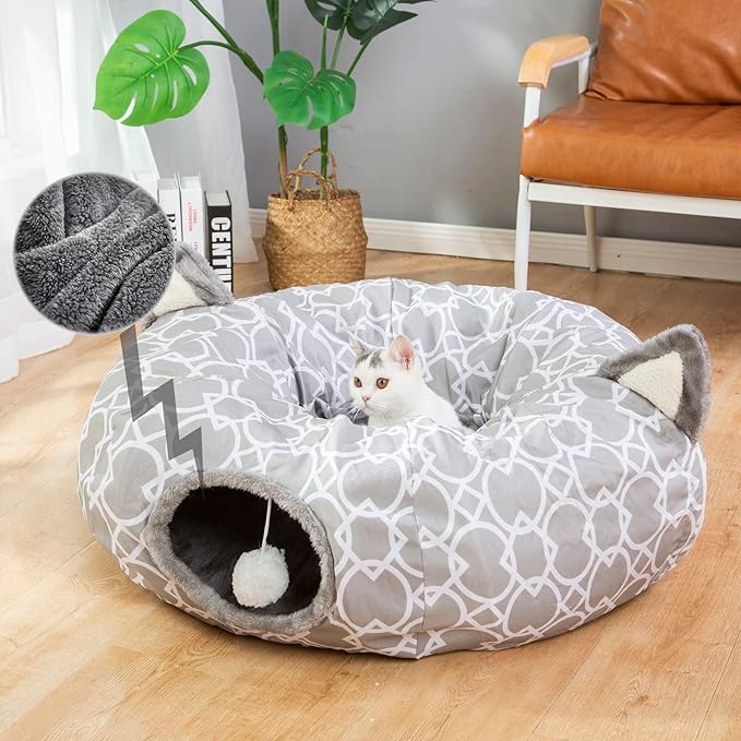 LUCKITTY Geometric Cat Tunnel Bed Under Christmas Tree Oxford Outside with Plush Inside,Cats Toys Collapsible Tunnel Tube with Balls, for Rabbits, Kittens, Ferrets,Puppy 3FT