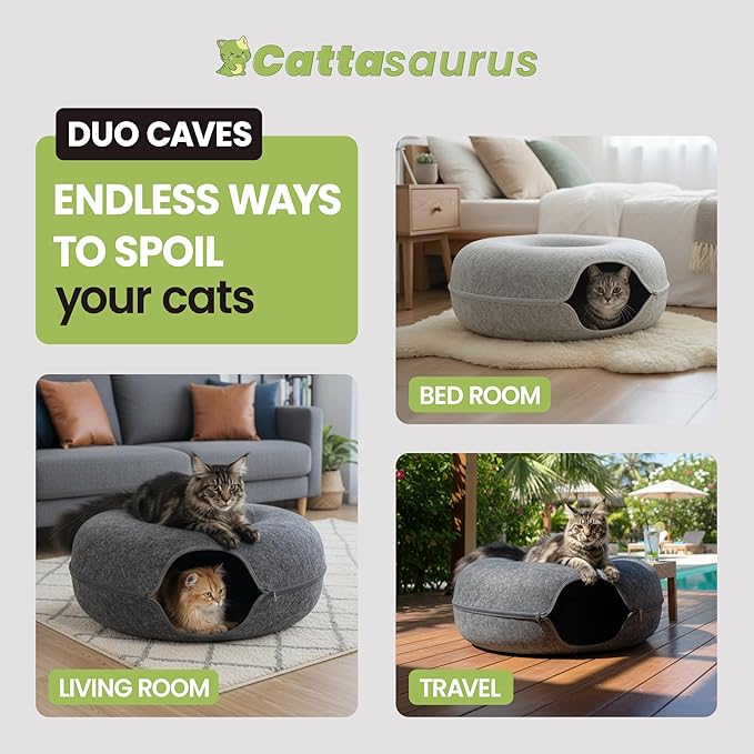 Cattasaurus Peekaboo Cat Cave, Extra Spacious for Multiple & Large Cats 12+ lbs, Scratch Detachable Beds for Indoor Cats, Washable Tunnel Bed, Comfy Cat Donut Tunnel (Light Gray+Dark Gray, Jumbo)