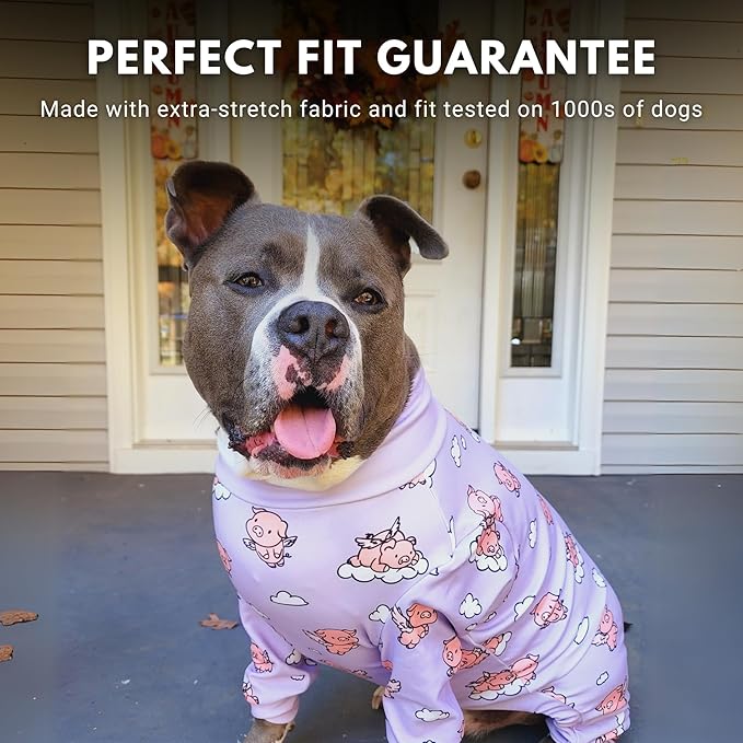 Spark Paws Dog Pajama, Dog Recovery Suit Male, Onesie, Ultra-Soft and 4-Way Stretch, for Small Medium and Large Breeds - When Pigs Fly - Purple - M