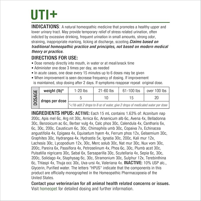 HomeoPet UTI Plus Urinary Tract Relief, Safe and Natural Dog and Cat UTI Supplement, 15 Milliliters