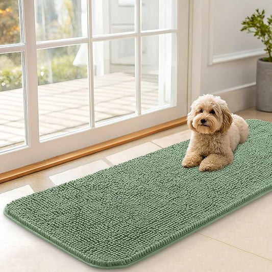 OLANLY Dog Door Mat for Muddy Paws 47x17, Absorbs Moisture and Dirt, Absorbent Non-Slip Washable Doormat, Quick Dry Chenille Mud Mat, Entry Indoor Entryway Carpet for Inside Floor, Olive Green