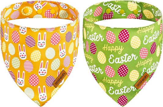 Easter Dog Bandanas with Snap Button, 2 Pack Reversible Spring Bandana for Boy & Girl, Premium Durable Fabric, Bunny and Egg Dog Scarf for Large and Extra Large Dogs (X-Large)