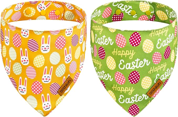 Easter Dog Bandanas with Snap Button, 2 Pack Reversible Spring Bandana for Boy & Girl, Premium Durable Fabric, Bunny and Egg Dog Scarf for Medium and Large Dogs (Large)