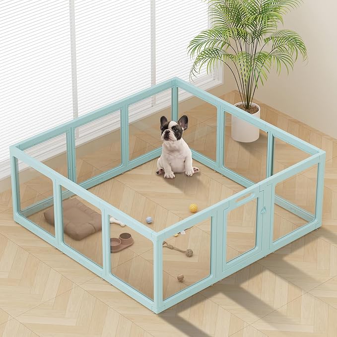 Clear Acrylic Dog Playpen Indoor, Puppy Cat Small Pet Play Pen, Pet Cat Foldable Playpen for Rabbits, Dog Fence Crate Kennel Whelping Cage (Green, 12 Panel)