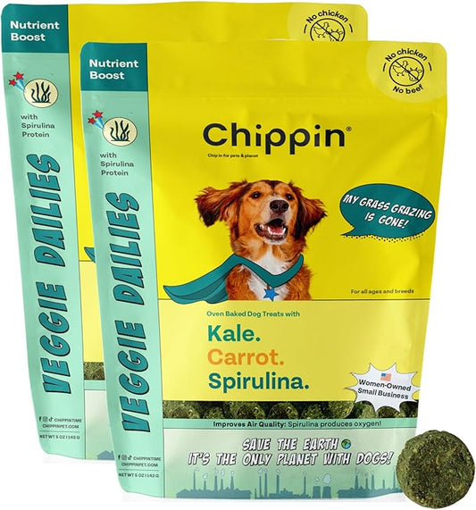Chippin Healthy Dog Treats with Kale, Carrots, & Spirulina, Crunchy Vegan Biscuit, All-Natural, Hypoallergenic Gift for Dog Lovers, Gentle on Sensitive Stomachs, Gut Healthy Meal Topper, 2-Pack
