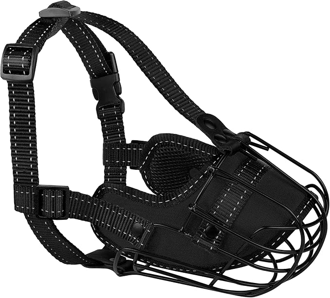 OOPSDOGGY Pitbull Dog Muzzle - Reflective Metal Mask with Wire Basket for Large Dogs - Soft Cage Muzzle to Prevent Biting & Chewing - Adjustable Nylon Straps (Black)