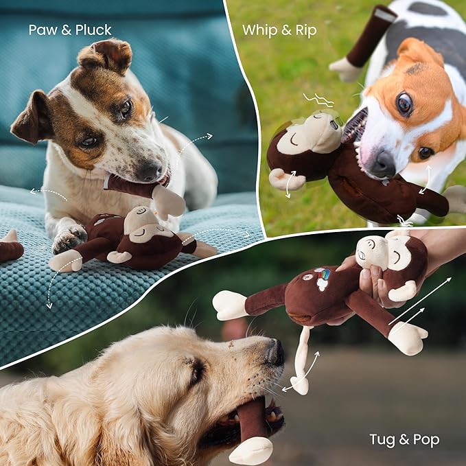 Nocciola Tearable Pull Rip Apart Monkey Dog Toy with Squeaker & Crinkle - Interactive Stuffed Plush Toy to Keep Dogs Busy, Pet Puzzle Enrichment Chew Toys for Small Medium Large Breeds