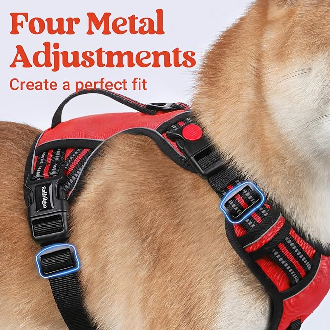 rabbitgoo Dog Harness for Large Dogs, No Pull Pet Harness with Soft Padded Handle, Adjustable Reflective Vest with 3 Buckles, Easy Walking Harness with 2 Leash Clips, Red, XL