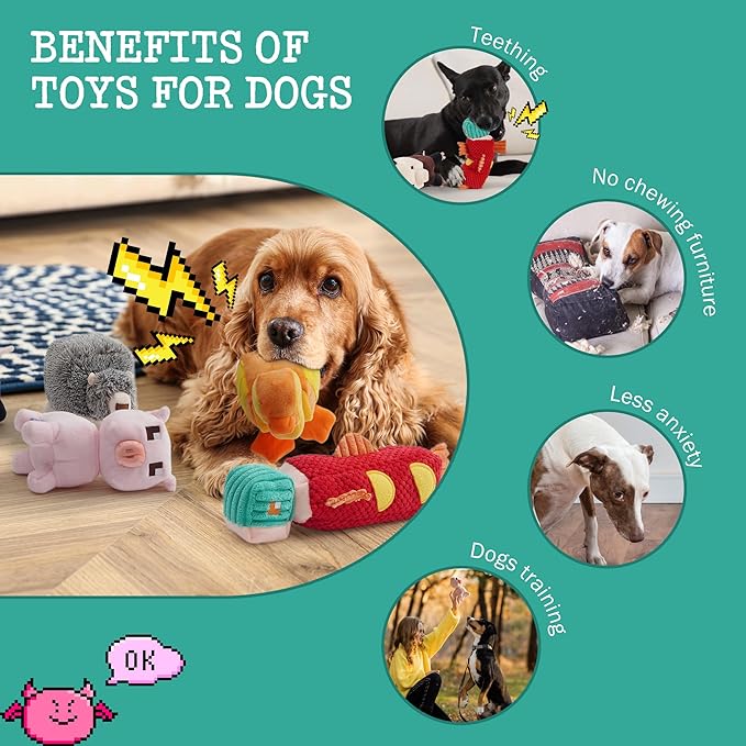 Funny Pixel Style Squeaky Dog Toys, 5 Packs Crinkle Plush Stuffed Dog Chew Toy for Small Medium Large Breeds, Unique Puppy Teething Pet Supplies