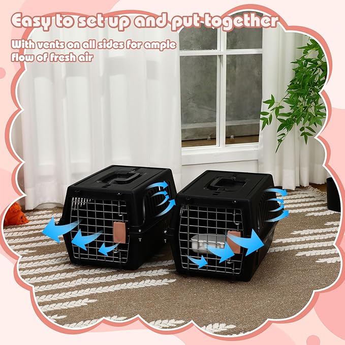 2 Set 18.9" Pet Carrier for Small Cats and Dogs, Hard Sided Plastic Cat Kennel for Pet with Front Door Security Lock Fully Breathable Travel Crate, up to 13 Lbs(Black,18.9 x 12.6 x 11.8 Inch)