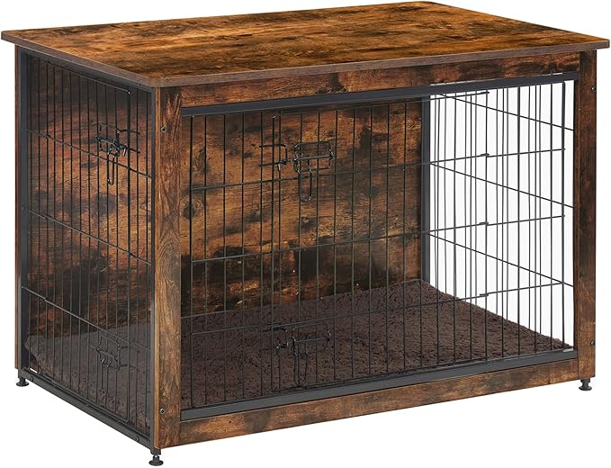 DWANTON Dog Crate Furniture with Cushion, Wooden Kennel Table with Double Doors, Indoor Dog House, Large Size, 38.5" L, Rustic Brown