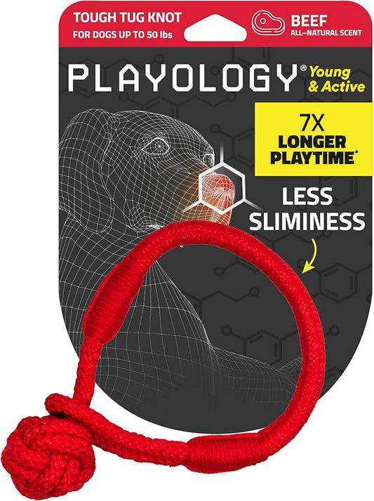 Playology Dog Toys | Puppy Toy Tough Tug Knot for Tug of War Designed for Young & Active Dogs | Medium Beef Scented Toy Made from Non Toxic Materials
