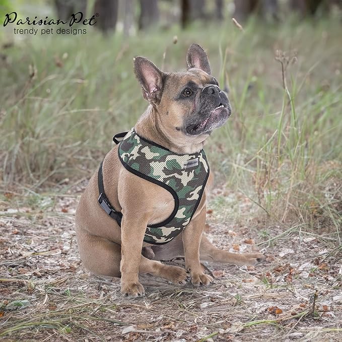 Parisian Pet Adjustable Freedom Harness - Green Camo Dog Vest - 100% Mesh Fabric Cooling Harness - Idle for Outdoor Adventures - Large Size