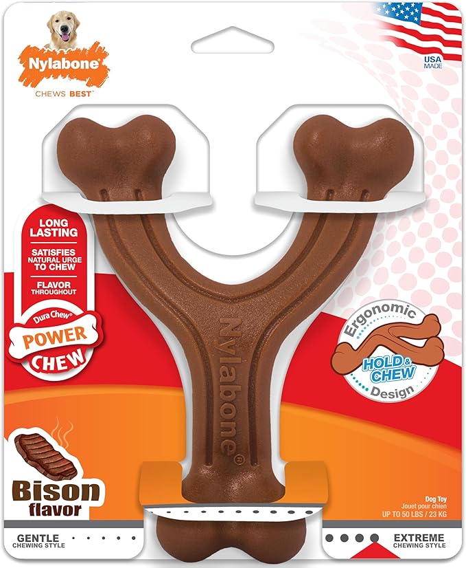 Nylabone Ergonomic Hold Wishbone Power Chew Toy for Dogs, Dog Toys for Aggressive Chewers, Bison Flavor, Large - Up to 50 lbs, 1 Count
