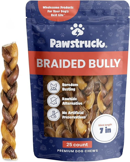 Pawstruck Natural 7” Braided Bully Sticks for Dogs, Tough Long-Lasting, Rawhide-Free, Low Odor, Healthy Single Ingredient Chew Treat for Aggressive Chewers, 25 Count, Packaging May Vary