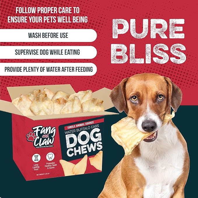 Fang & Claw 50 Count Water Buffalo Ears for Dogs – 100% Natural, Single-Ingredient, Long-Lasting Rawhide Alternative, Grain-Free