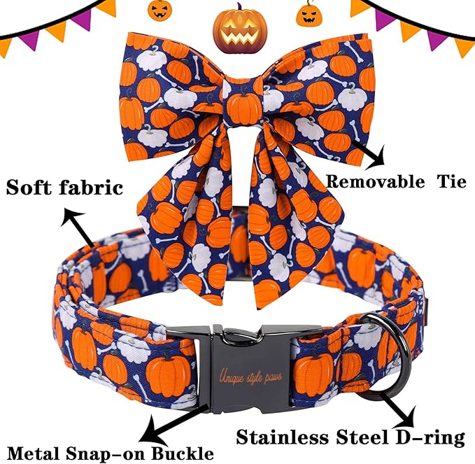 Unique Style Paws Halloween Day Dog Collar with Bowtie Bone Pumpkin Cotton Dog Collars for Small Medium Large Dogs