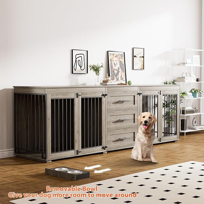 Rophefx 94.5" Dog Crate Furniture for 2 Dogs, Large Dog Kennel Furniture with 3 Storage Drawer, Wooden Dog Cage with 4 Bowls, Indoor Dog House TV Stand with Locks for Large Medium Dog, Grey